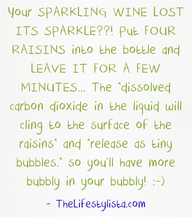 SPARKLING WINE LOST ITS SPARKLE..? Put 4 raisins in & watch the magic happen… THE BUBBLES COME BACK! #DissolvedCO2